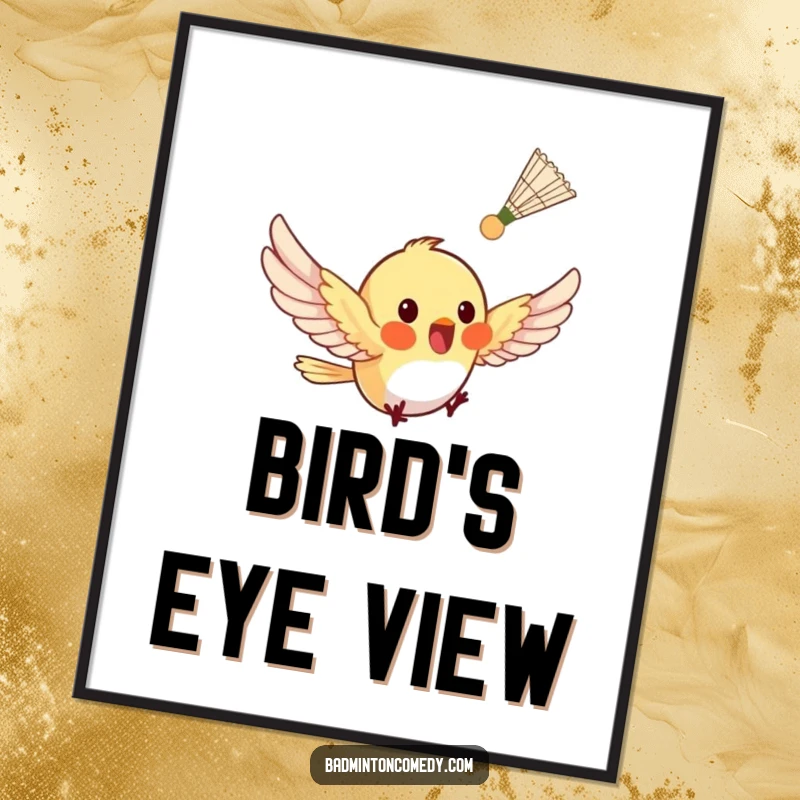 Funny tiny bird fluttering with glee after a shuttlecock on a poster, capturing energetic joy.