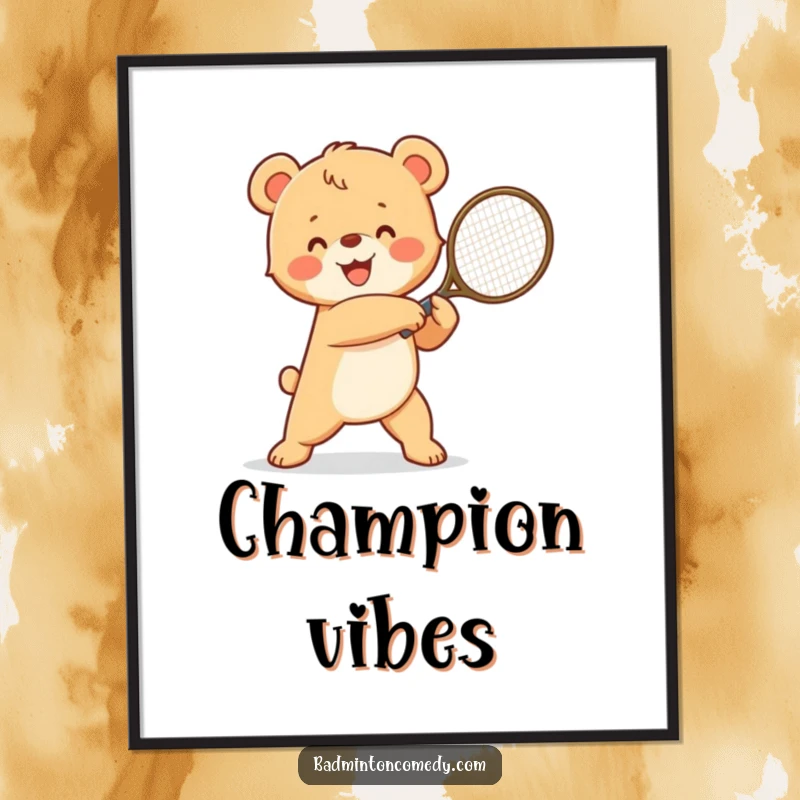 Funny happy bear cub in a winning pose, triumphantly swinging a tennis racket, humorous wall art for sports fans.