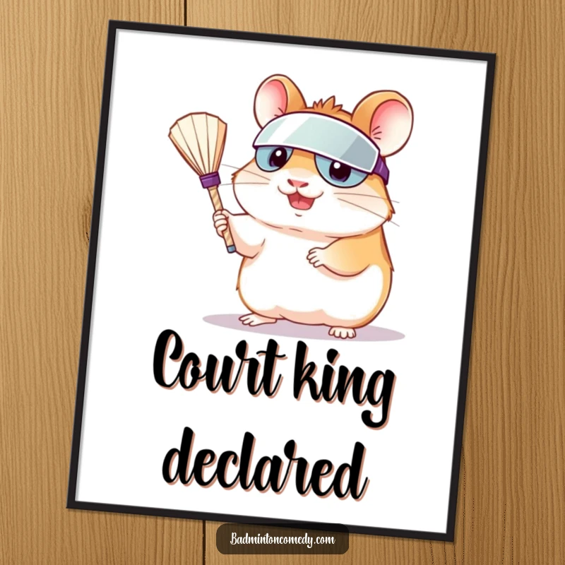 Funny hamster wearing a visor, serving a shuttlecock, designed as vibrant wall art for a humorous badminton enthusiast.