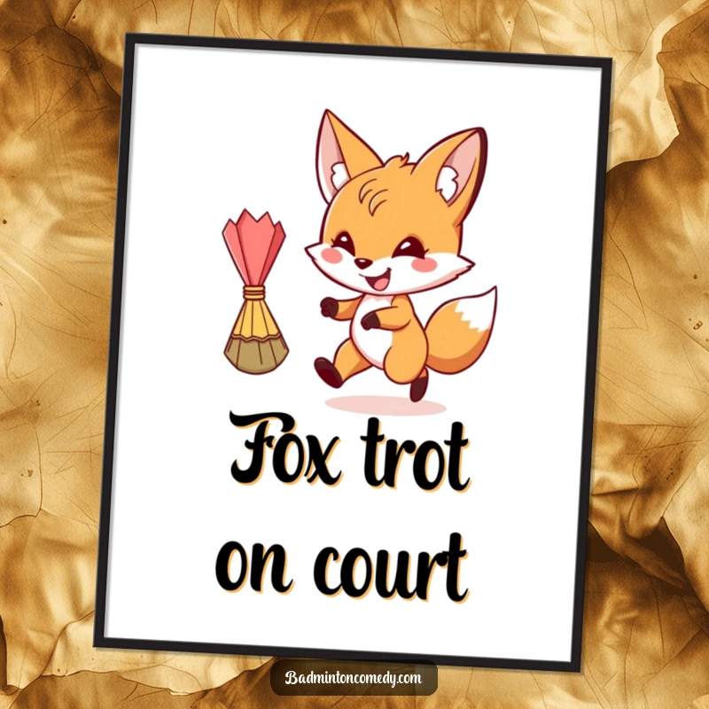 Funny, grinning fox character in pursuit of a shuttlecock, displayed as whimsical poster art, funny gift.