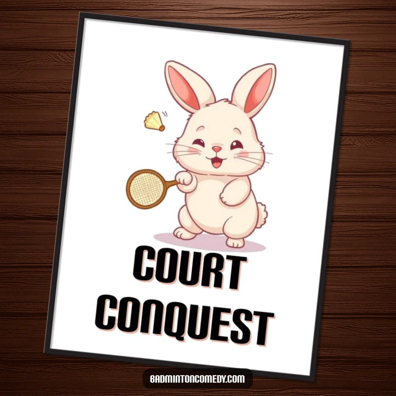 Funny Bunny Badminton Poster: A charmingly fluffy bunny executes a powerful shuttlecock smash with a miniature badminton racket.
