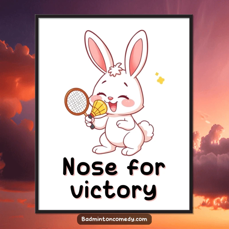 Funny Bunny Poster: A vibrant poster showing a bunny comically hitting a badminton shuttlecock with its nose.