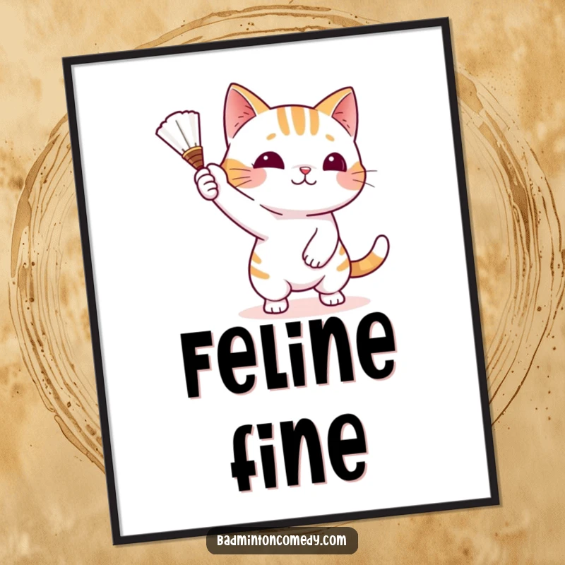 Funny Cat Badminton Poster depicting a playful cat character batting a shuttlecock with its paw, perfect for lively decor.