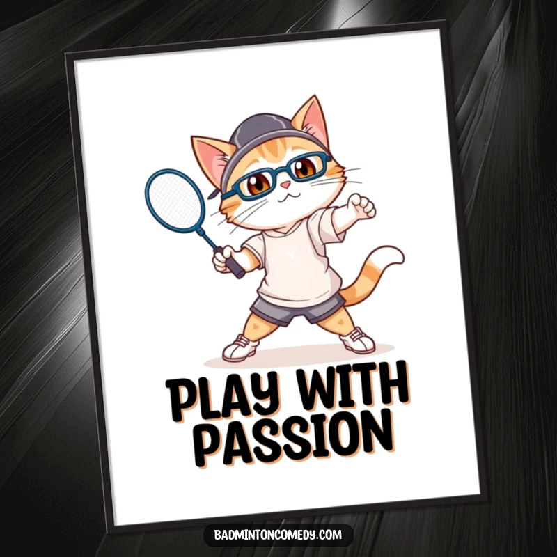 Funny cat wearing athletic gear, swinging a badminton racket with gusto, as a vibrant poster.