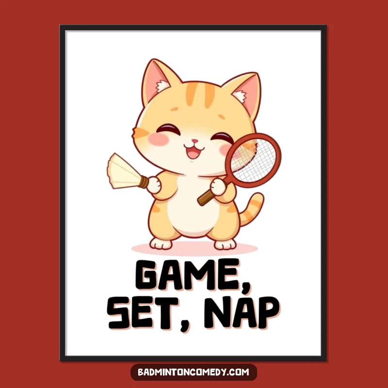 Funny Cat Badminton Poster: Vibrant Shuttlecock Action Art - Unique Wall Decor