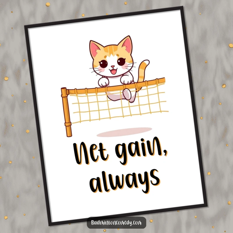 Funny poster depicting a determined cat character performing an impressive jump over a net, showcasing its agility.