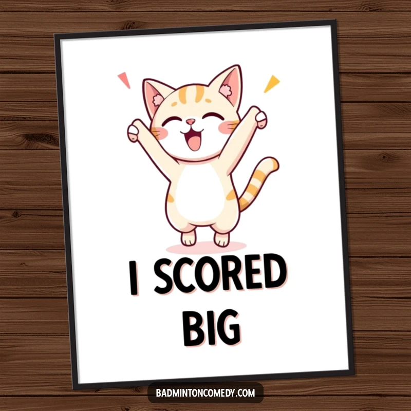 Funny poster showcasing a small cat character in mid-air, triumphantly celebrating a score with an exuberant and athletic jump.