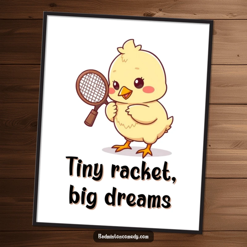 Funny chick pecking a shuttlecock with a tiny racket, rendered in vibrant art for this humorous badminton poster.