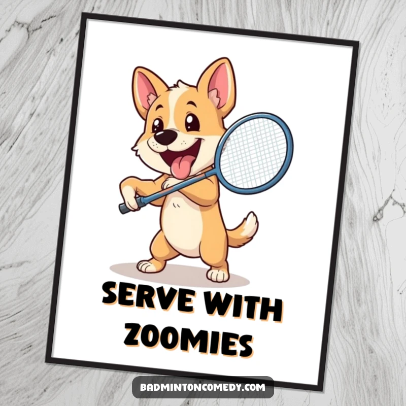 Funny Dog Badminton Poster: A cheerful, energetic dog swings a badminton racket with powerful enthusiasm, preparing to strike a shuttlecock.