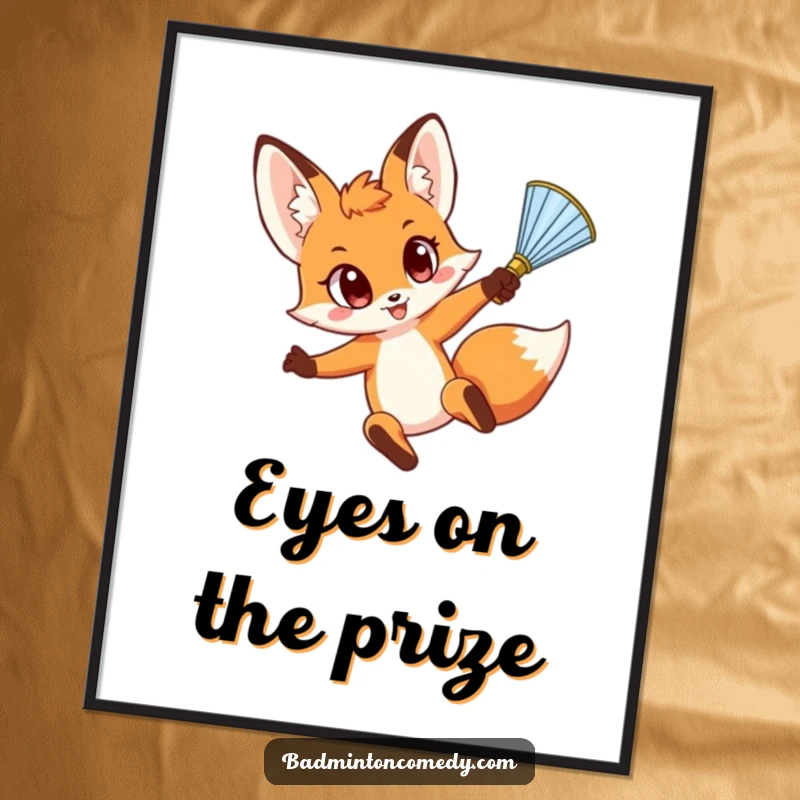 Funny Fox Smash Poster: A visually striking depiction of a wide-eyed fox character leaping to powerfully smash a shuttlecock during play.