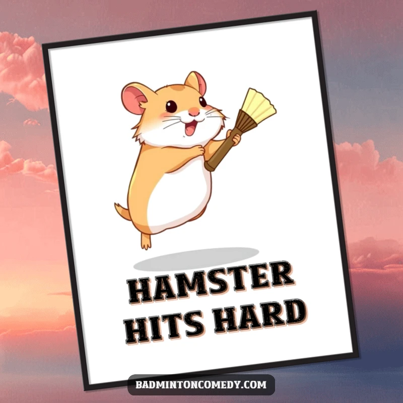 Funny Hamster Badminton Poster: A determined hamster leaping high with a tiny racket, capturing athletic determination humorously.