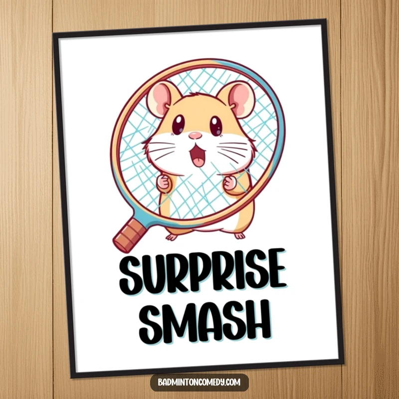 Funny hamster peeking from behind a large racket, looking surprised, on a whimsical badminton poster for decor.