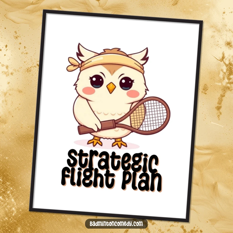 Funny poster of a smiling owl character wearing a headband and holding a tennis racket, celebrating the sport of badminton.