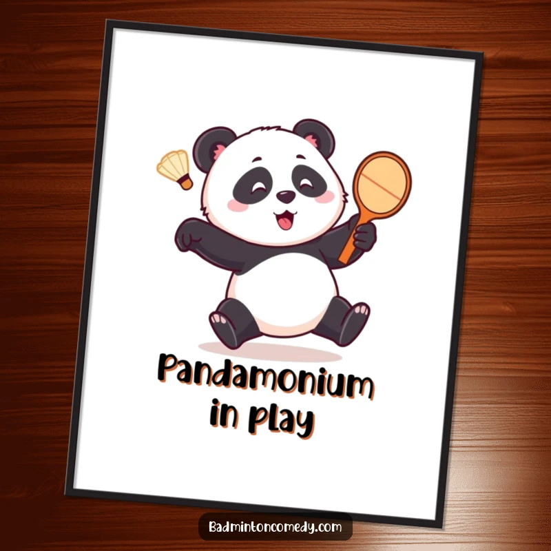 Funny panda poster, a playful bear comically chasing a shuttlecock with a racket, capturing sheer hilarious effort and determination.