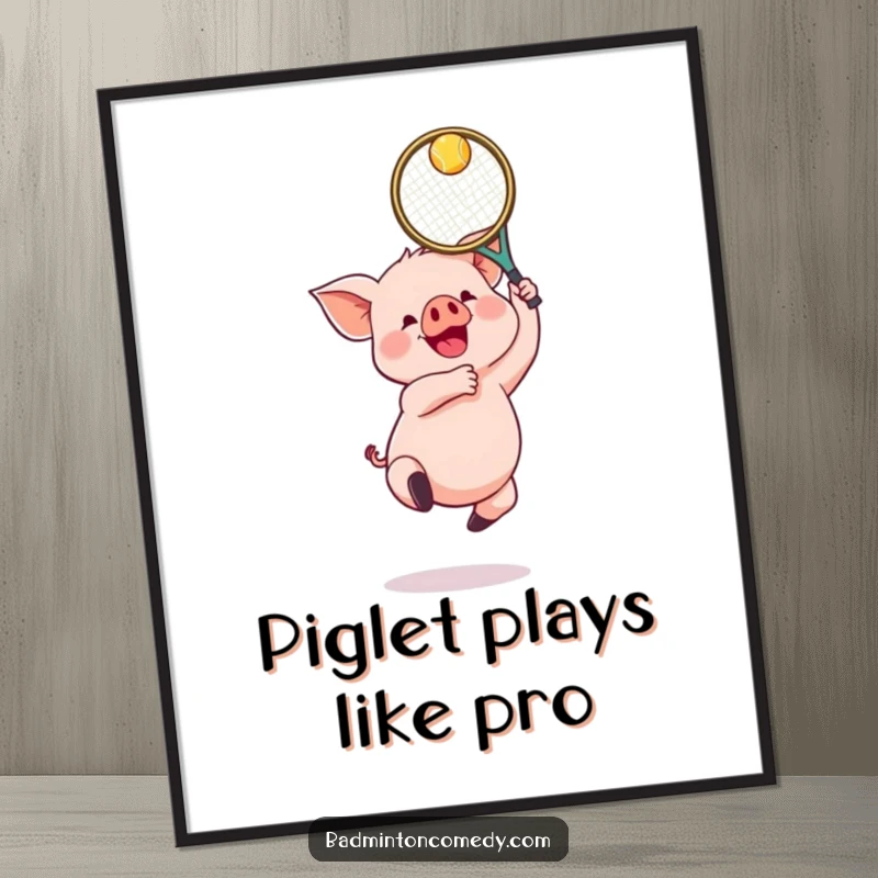 Funny Piglet Badminton Poster: A gleeful piglet jumping with a badminton racket, adding humor and playful energy to wall decor.