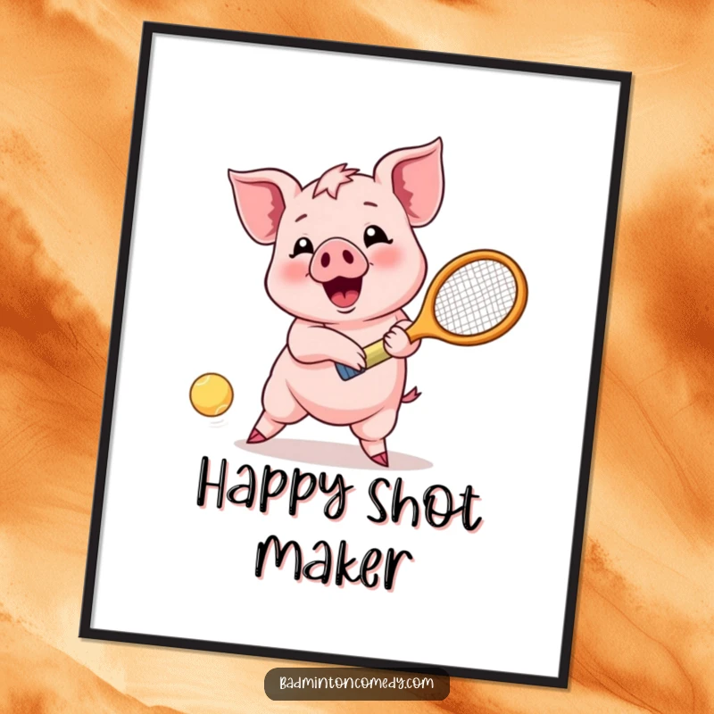 Funny Piglet Smash Poster: A vibrant illustration of a happy piglet energetically returning a shuttlecock shot with a badminton racket.