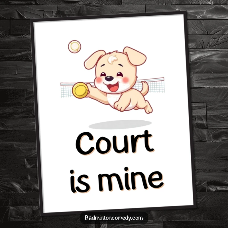 Funny poster of a happy puppy character diving on a badminton court, aiming to catch a shuttlecock.