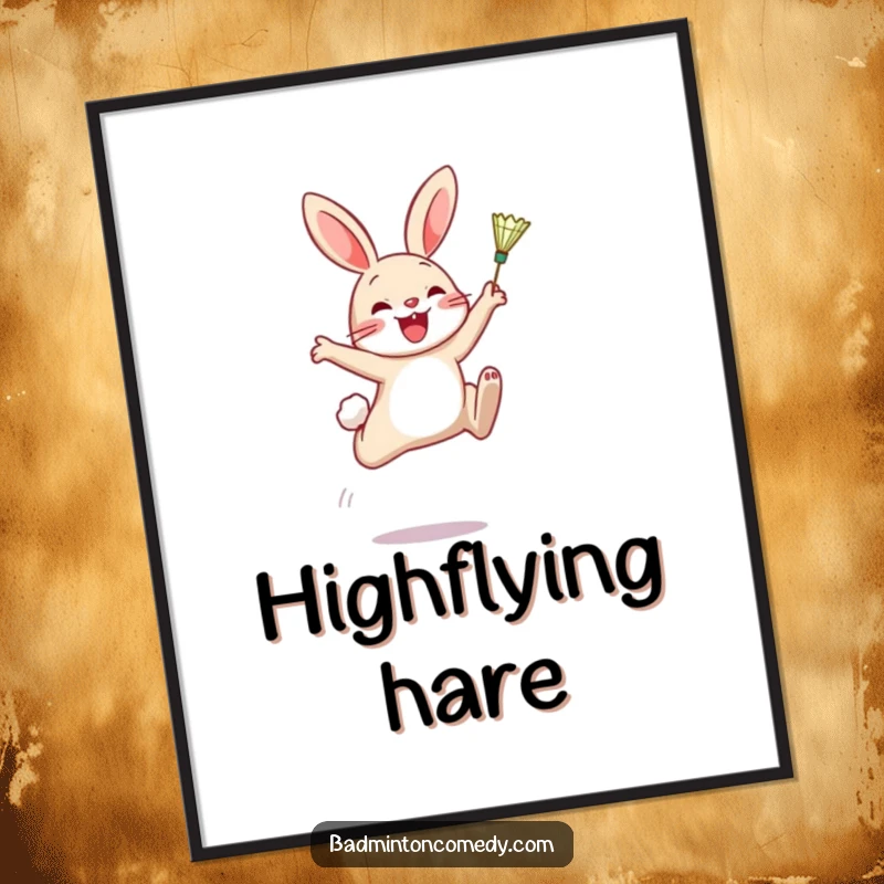 Funny Poster: A joyful rabbit suspended mid-air, energetically hitting a badminton shuttlecock, capturing a moment of athletic fun.