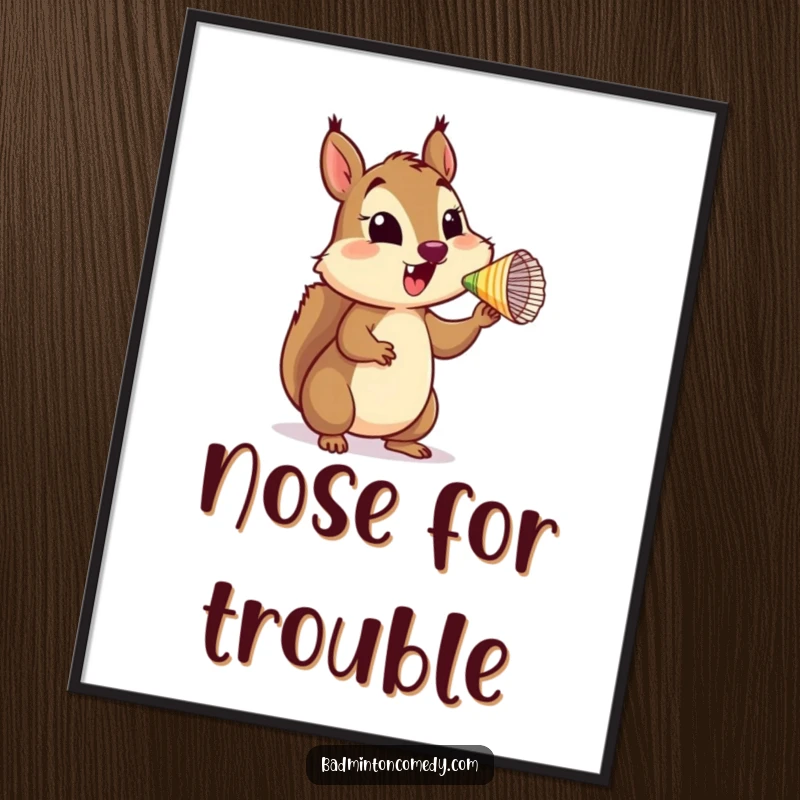 Funny Squirrel Balancing Poster showing a happy squirrel character precariously balancing a shuttlecock on its nose with playful skill.