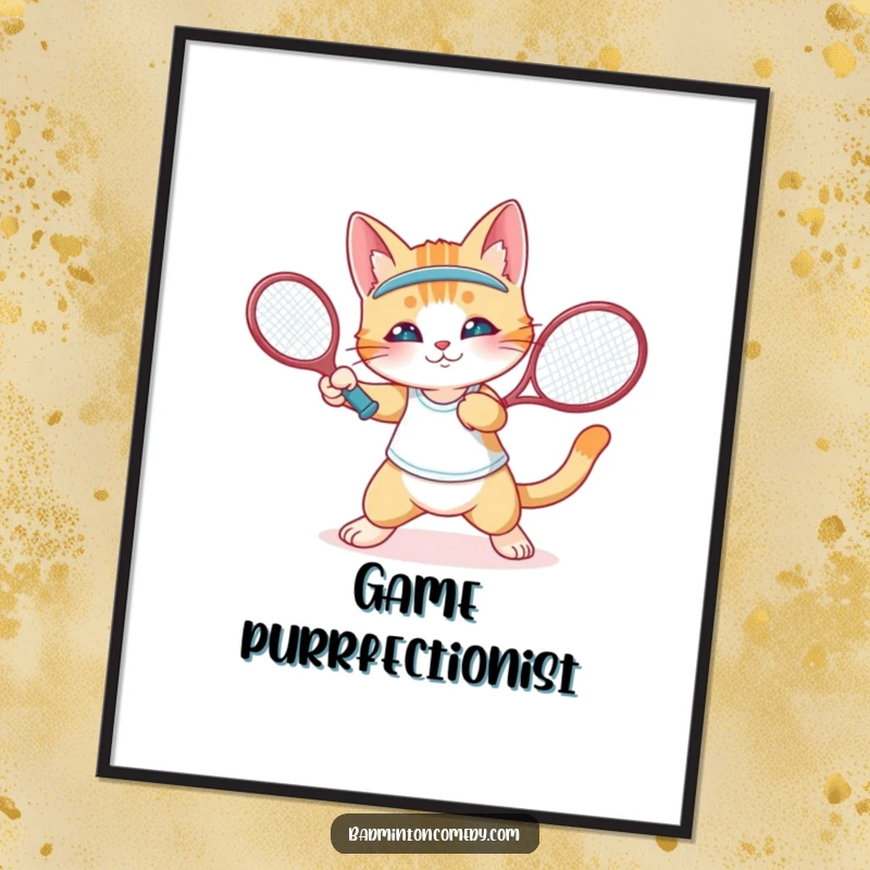 Funny cat character performing a precise wrist flick with a badminton racket, displayed as elegant poster art, funny gift.