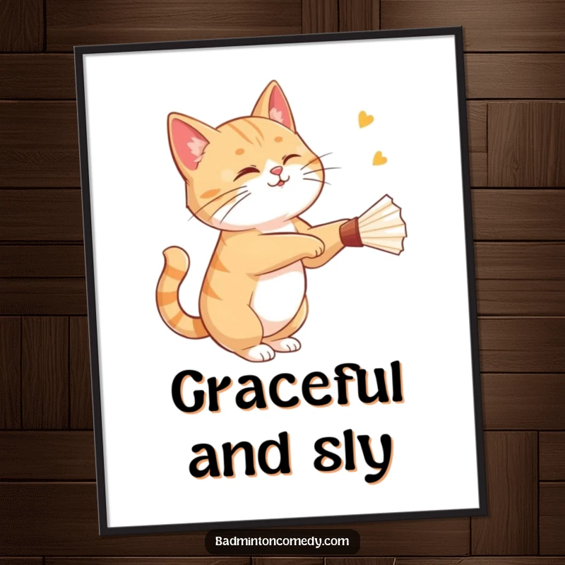 Funny cat gracefully striking a shuttlecock with a playful wink on this humorous and stylish poster art.