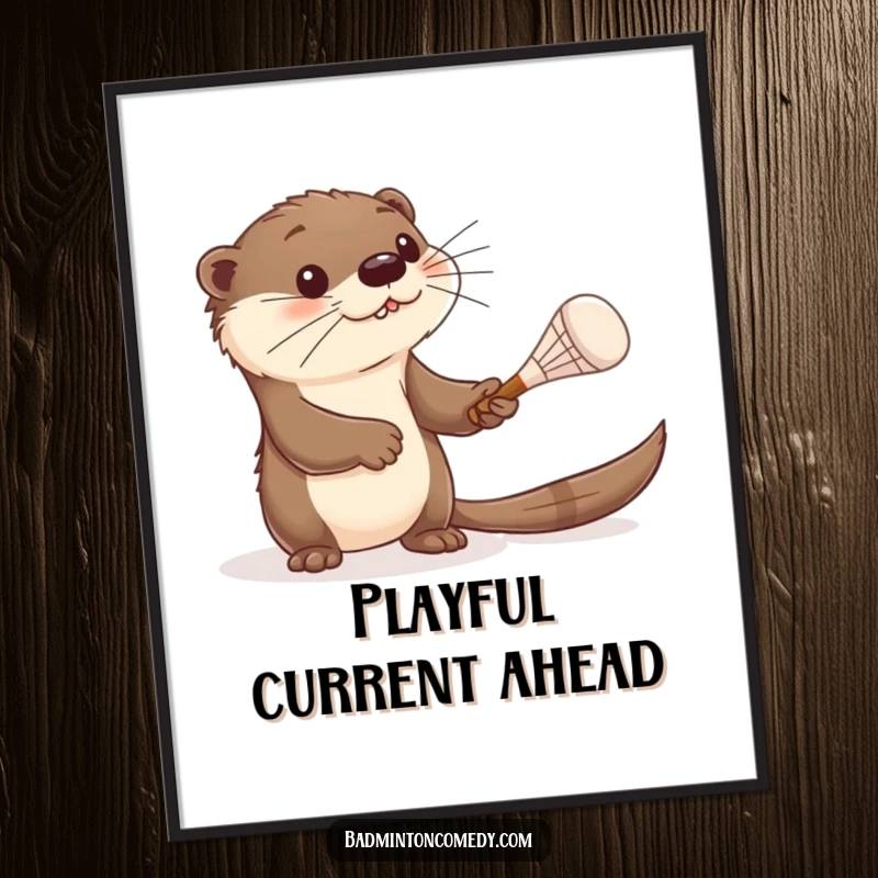 Funny otter poster, a curious otter batting a shuttlecock with a tiny racket, capturing a moment of adorable and humorous sporting play.