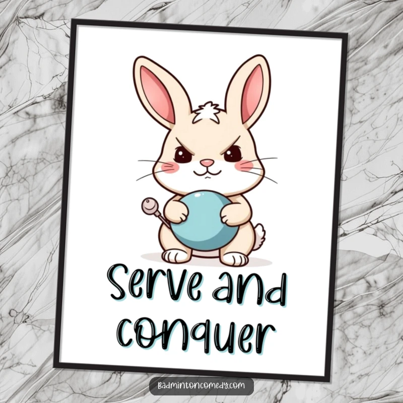 Funny rabbit tennis poster showcasing a determined rabbit with a huge grin, ready to receive a tennis serve with style.