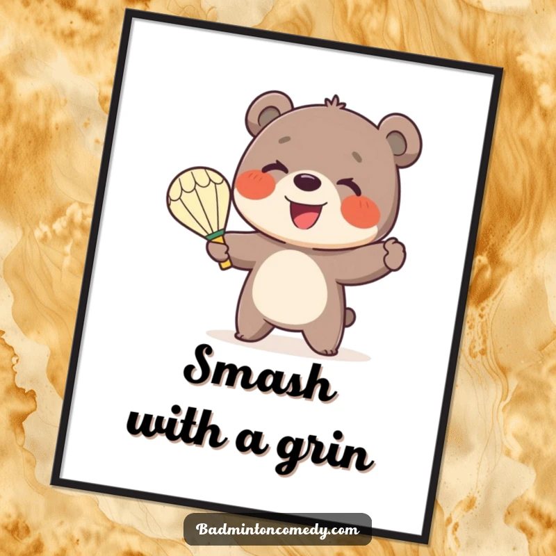 Funny Bear Badminton Poster: A small, smiling bear cub excitedly serves a shuttlecock with a badminton racket, full of cheer.