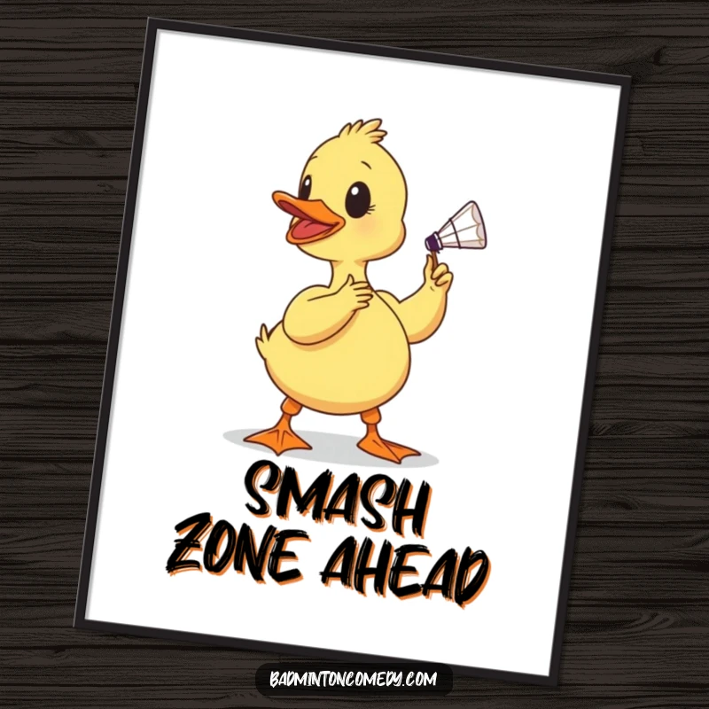 Funny duckling poster, a determined baby bird comically swinging its beak to smash a shuttlecock, capturing a moment of hilarious sporting action.