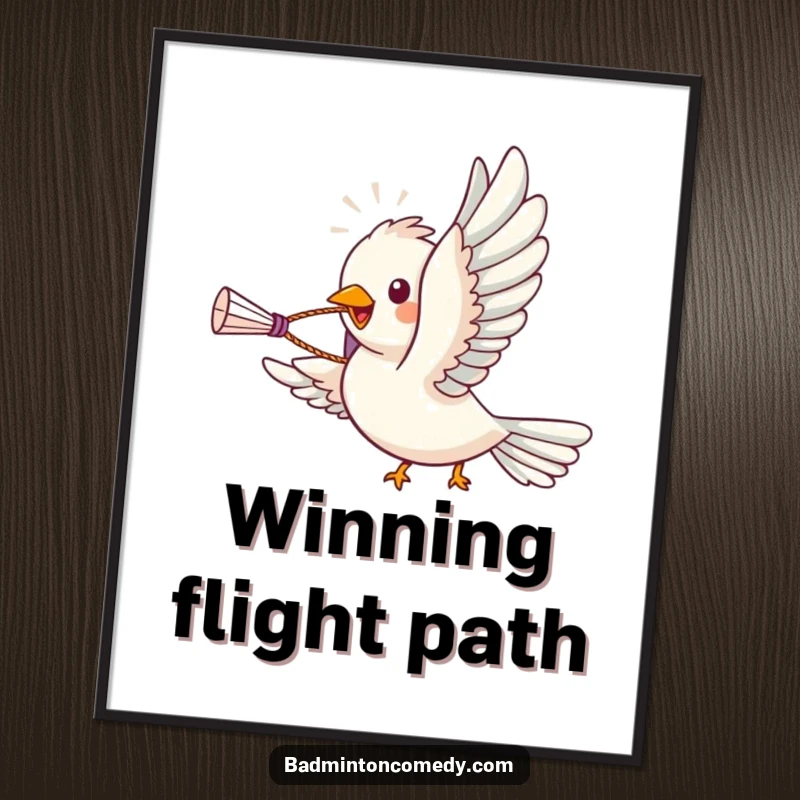 Funny bird character soaring with a shuttlecock in its beak, on a humorous badminton poster for wall decor.