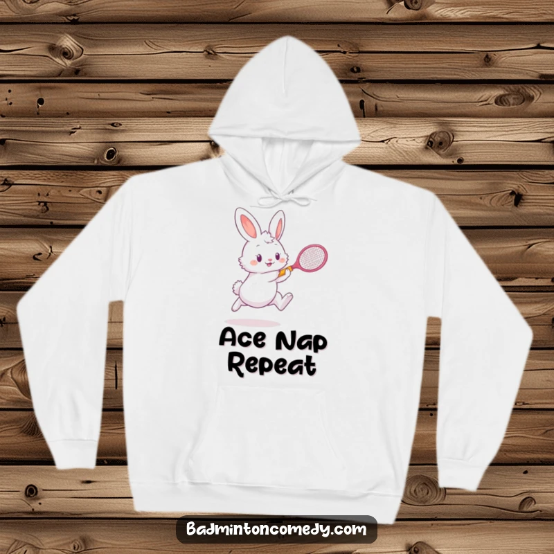 Funny bunny in a dynamic pose, racket poised to strike a shuttlecock, featured on a soft hoodie.
