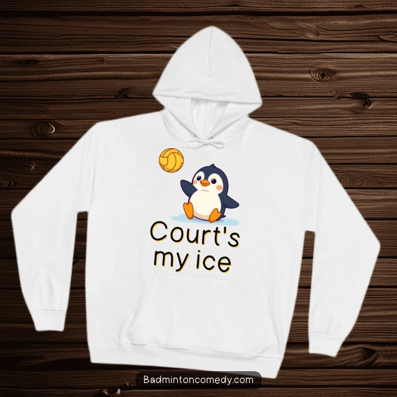 Funny Hoodie: A cute penguin sliding across a tennis court with intensity, designed for warmth and humor.