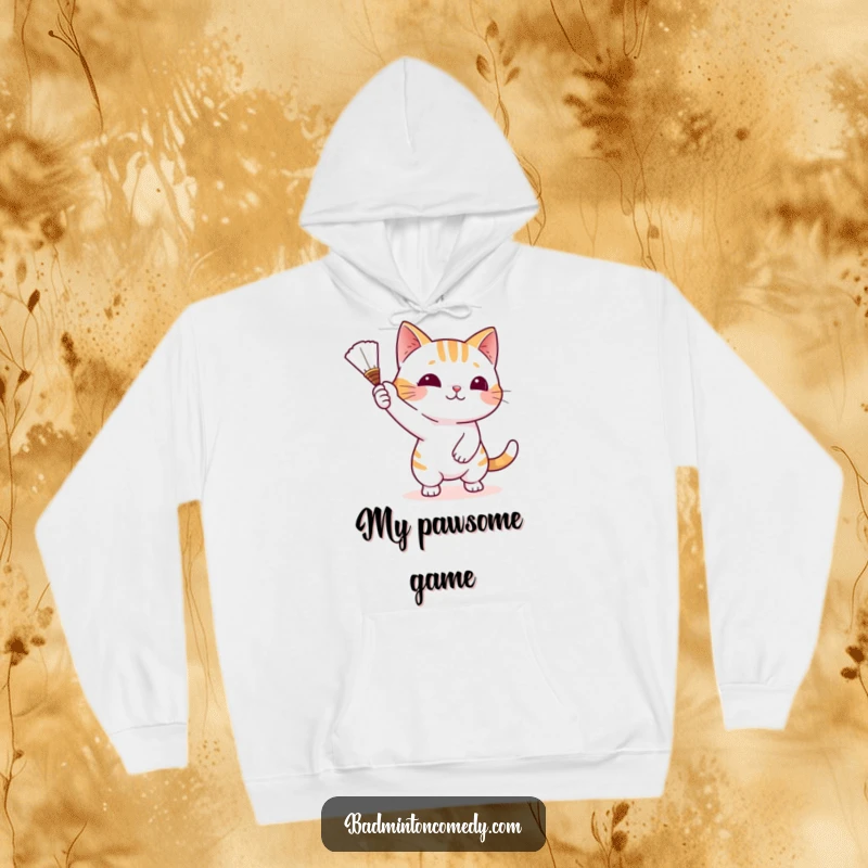 Funny Cat Badminton Hoodie featuring a playful cat character batting at a shuttlecock with its paw, radiating cozy amusement.
