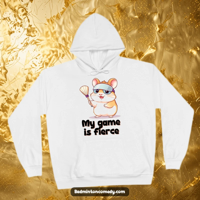 Funny hamster wearing a visor, serving a shuttlecock on a cozy hoodie, perfect for badminton fans and humor lovers.