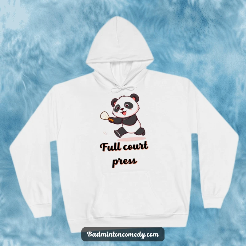 Funny panda chasing a shuttlecock across a badminton court on a warm hoodie, ideal for sports enthusiasts.