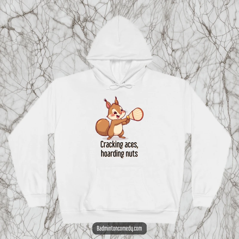 Funny Squirrel Badminton Hoodie: A cheerful squirrel with a mighty swing serving a shuttlecock, embodying playful sports action.
