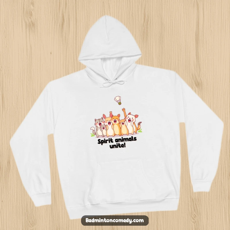 Funny Hoodie: A dynamic illustration of various animals joyfully cheering for a shuttlecock in motion, perfect for warmth and humor.