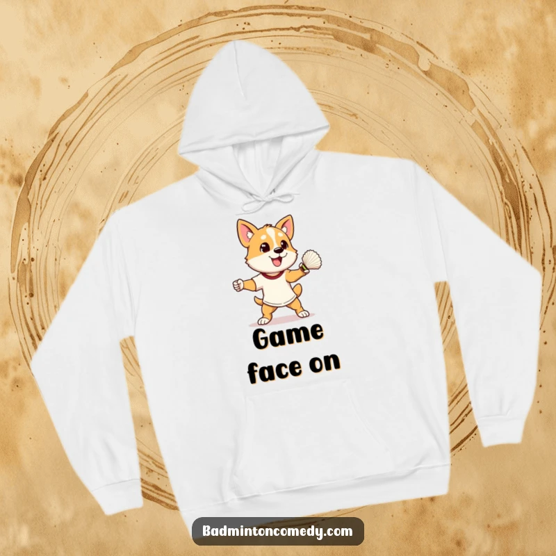 Funny dog in athletic stance, smashing a shuttlecock, featured on a cozy badminton hoodie, a perfect humorous gift.