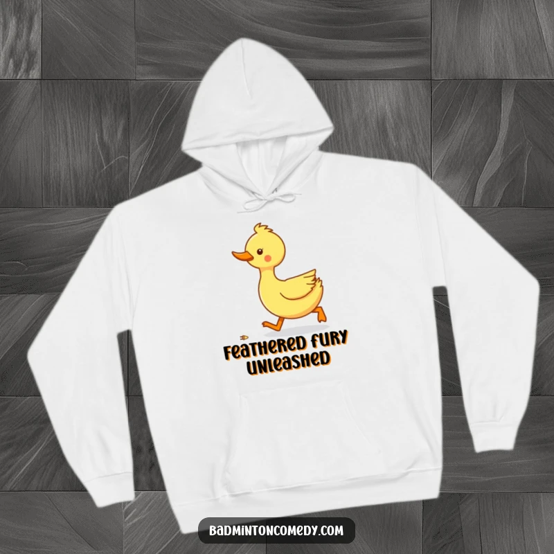 Funny duck hurrying to get a shuttlecock on a hoodie, conveying speed and a comical sports moment.