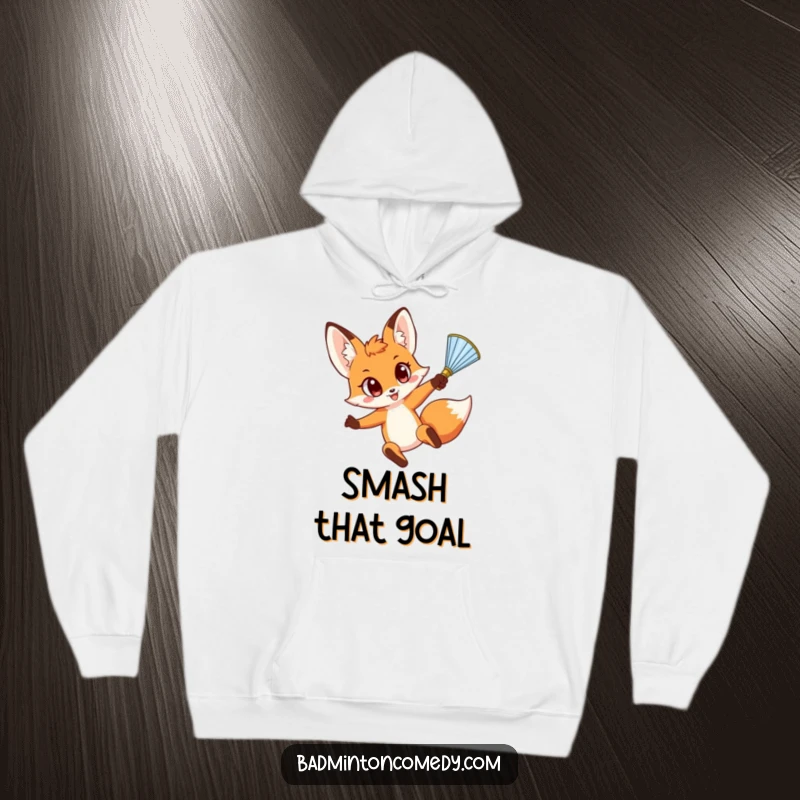 Funny Fox Hoodie: A wide-eyed fox character energetically leaps to smash a shuttlecock, showcasing a humorous and determined athletic spirit.