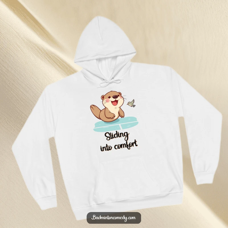 Funny Otter Badminton Hoodie: An animated otter sliding on a badminton court, skillfully returning a birdie, perfect for casual sports enthusiasts.