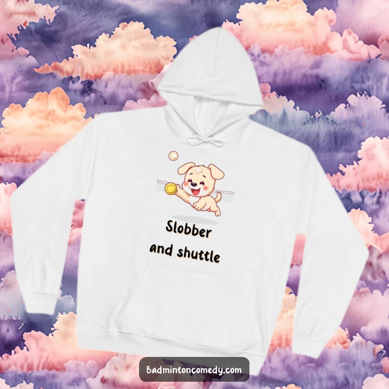 Funny hoodie showcasing a happy puppy character diving for a shuttlecock on a badminton court, ideal for comfort.