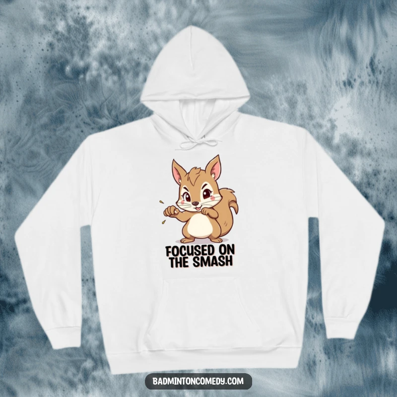 Funny Squirrel Focus Hoodie: A squirrel with a serious expression aims its racket, ready to execute a powerful shuttlecock smash.