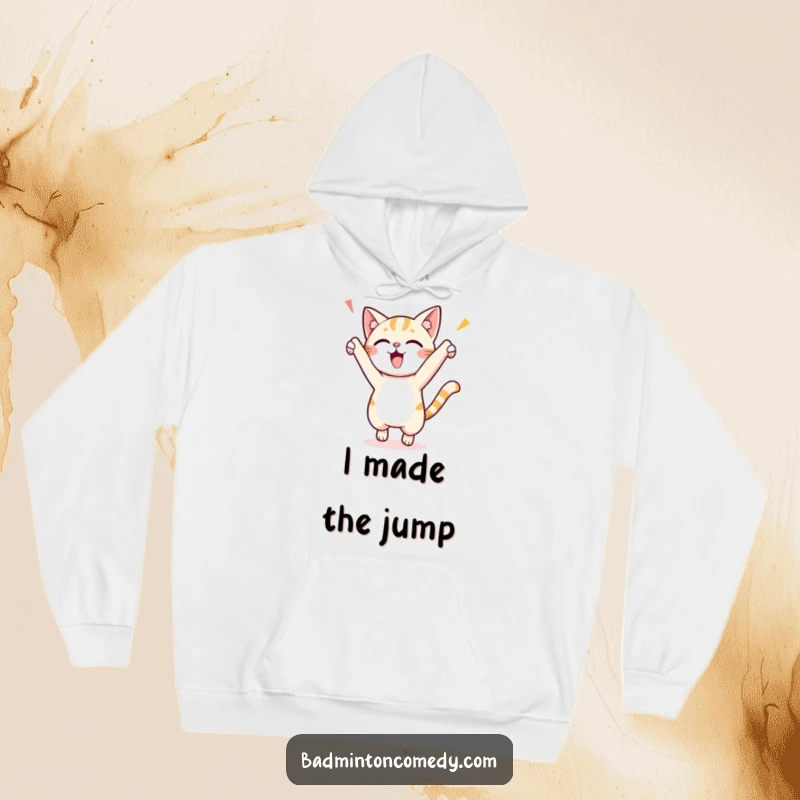 Funny hoodie featuring a small, energetic cat character mid-air, celebrating a victorious point with an ecstatic jump and playful expression.