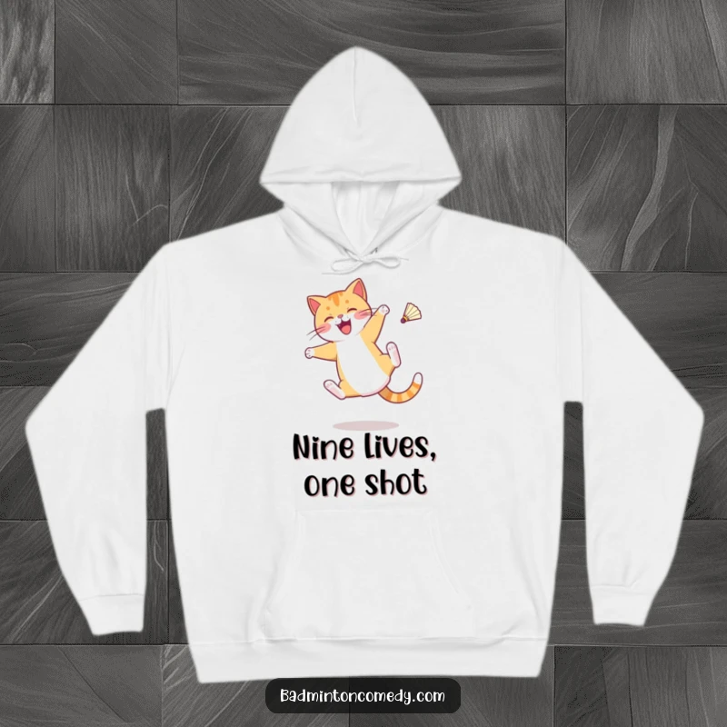 Funny hoodie showcasing a cat character doing a cartwheel with a shuttlecock mid-air, ideal for comfort and style.