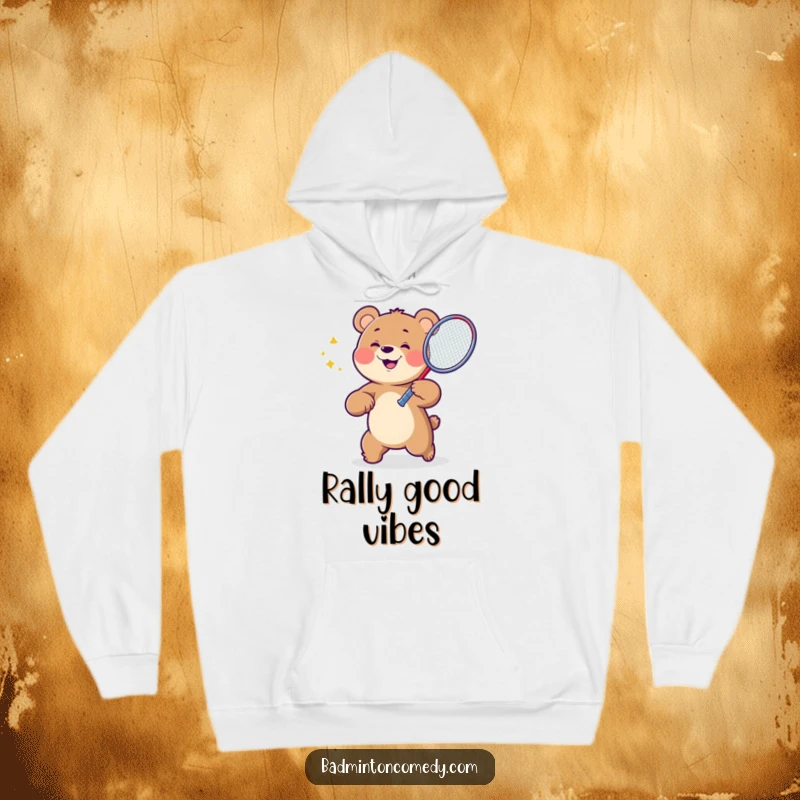 Funny Bear Badminton Hoodie showing a cheerful bear character ready to dominate the court with a badminton racket, radiating joy.