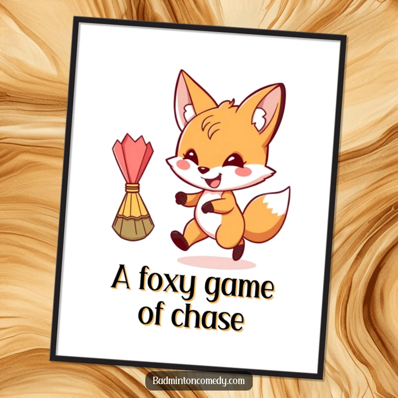 Funny Free Printable Wall Art: A sly fox character with a wide grin, hilariously chasing a fast-moving shuttlecock.