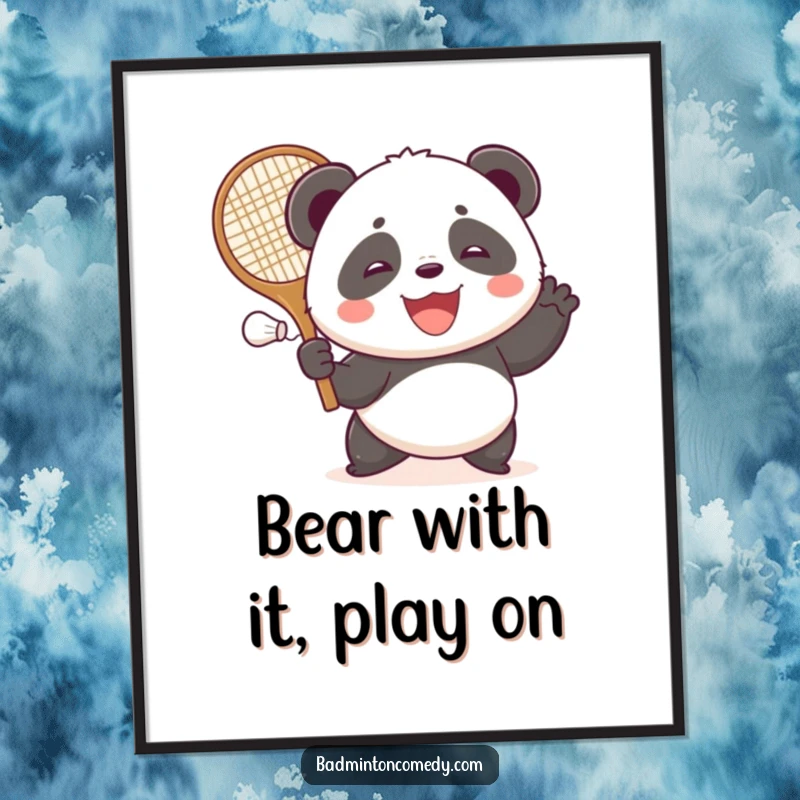 Funny Free Printable Wall Art: A joyful panda with a giant racket gleefully plays badminton, ready to smash the shuttlecock.