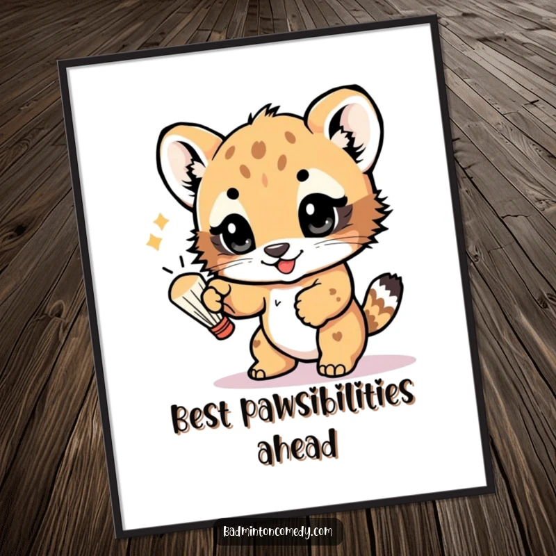 Funny Free Printable Wall Art: A playful cub batting a shuttlecock with its paw, eyes sparkling with fun.