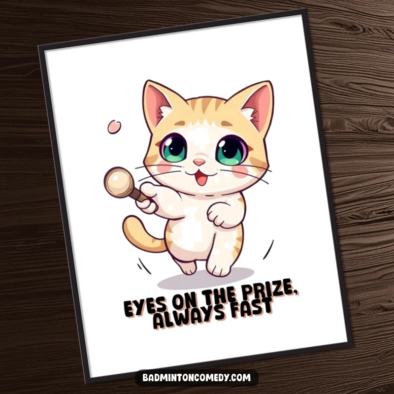 Funny Free Printable Wall Art: Cat with large eyes playfully dodging a fast shuttlecock, capturing a moment of lighthearted action.